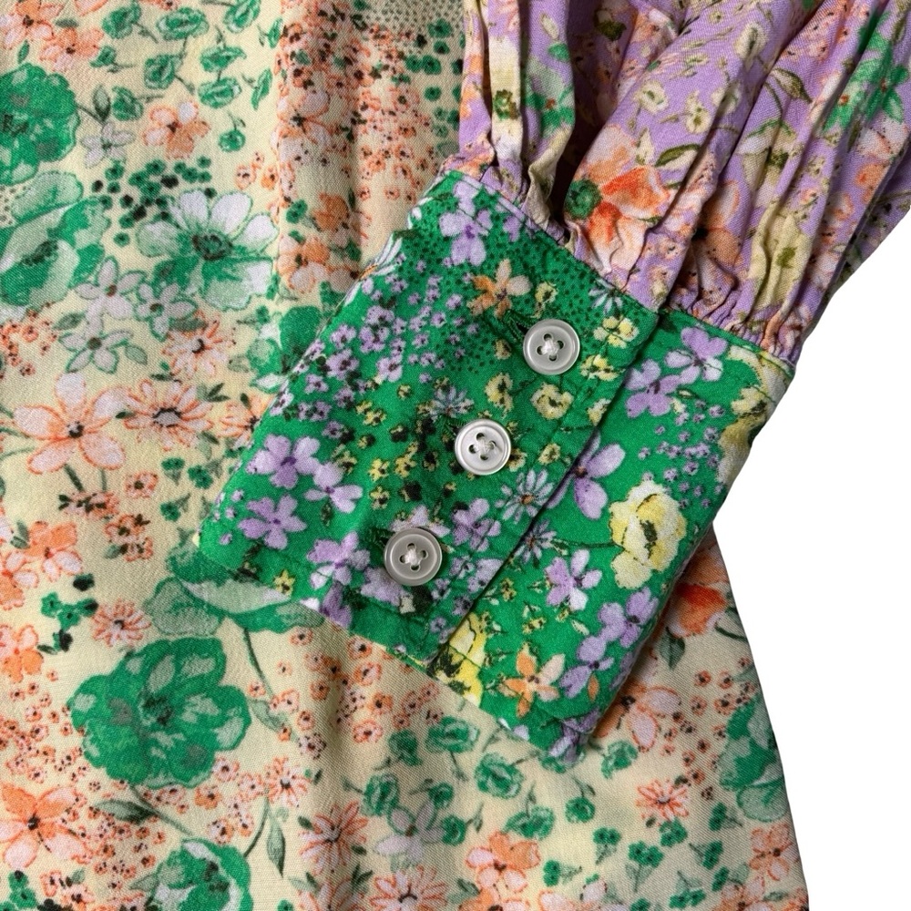 Loft Floral Crepe Utility Shirt Boho Balloon Sleeve Western Green Lavender SZ M - Picture 4 of 5